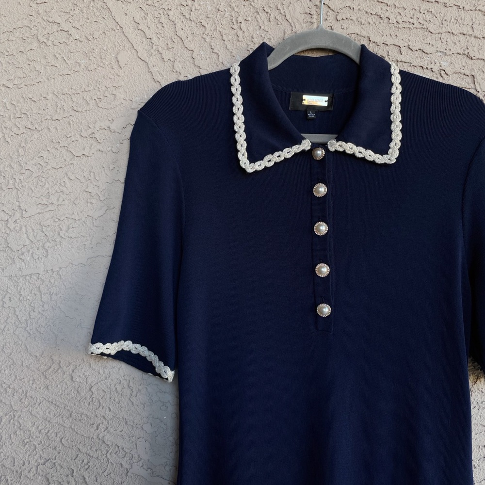 ALEXIA ADMOR Navy Knit Piper Dress w/ Pearl Buttons Embroidered Collar & Pockets - Picture 3 of 13